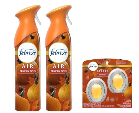 Febreze Air Freshner Odor Fighting Spray, Pumpkin Patch Limited Edition 8.8 oz Pack of 2 + Febreze Small Spaces Air Freshener Limited Edition Pumpkin Patch 2 pack